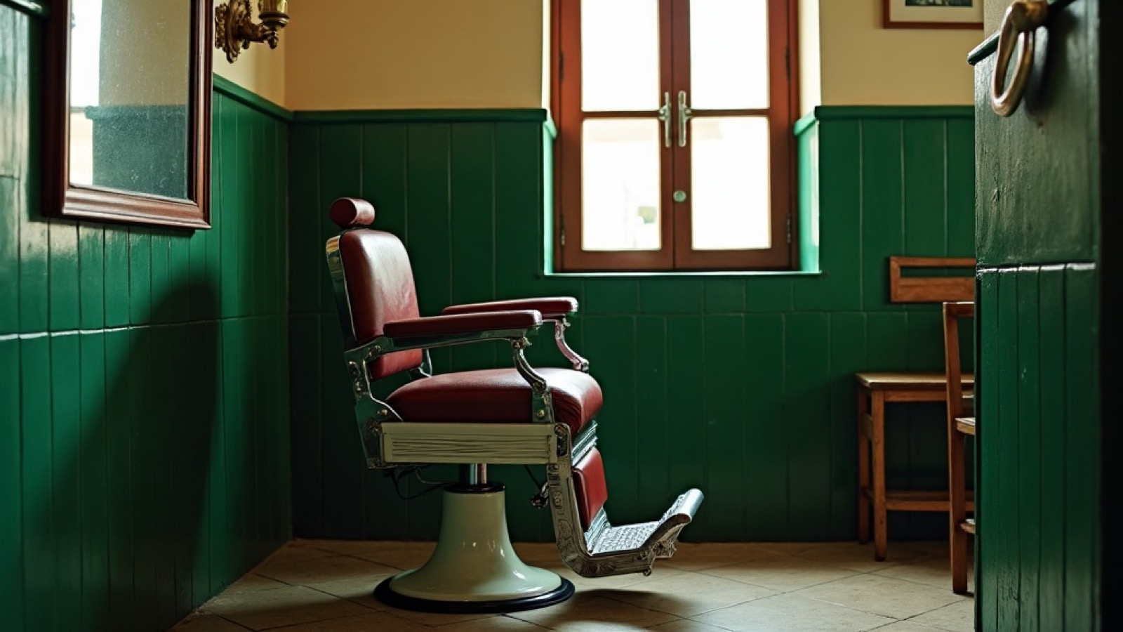 Cadeira clássica de barbearia com azulejo verde